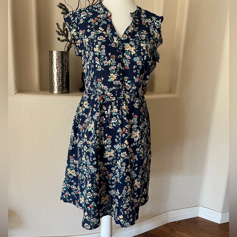 Allegra K Women's S V Neck Flutter Sleeve Smocked Blue Floral Knew Length Dress